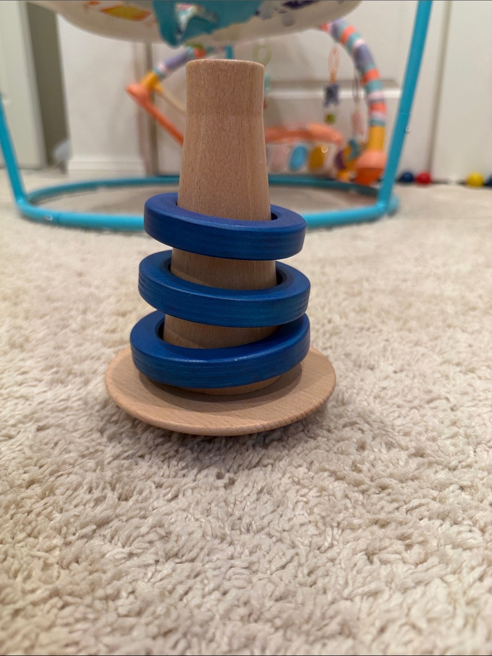Natural Wood Stacking Rings Toy with Blue Rings - Kids Learning Toy